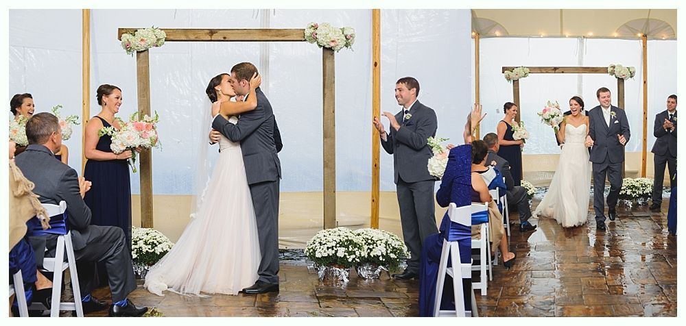 Wedding ceremony: Couple kissing under an archway, guests clapping, and a bride and groom walking down the aisle.