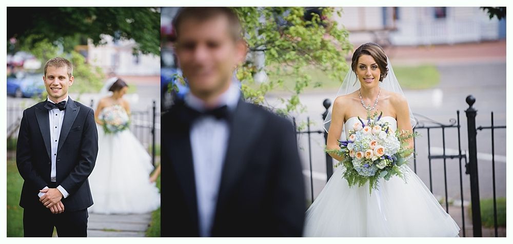 Wedding photos: Groom in tuxedo, bride in strapless gown with bouquet, both smiling, outdoors.