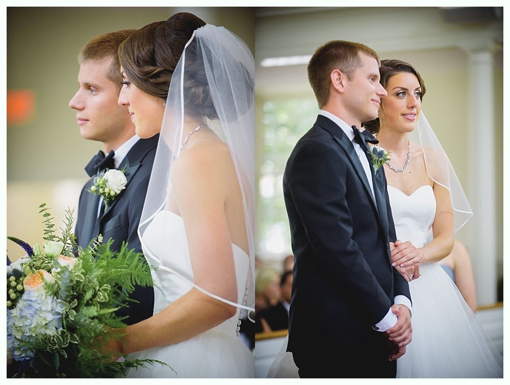 Wedding ceremony: Couple stands side-by-side, dressed in formal attire. The bride wears a veil and holds flowers.