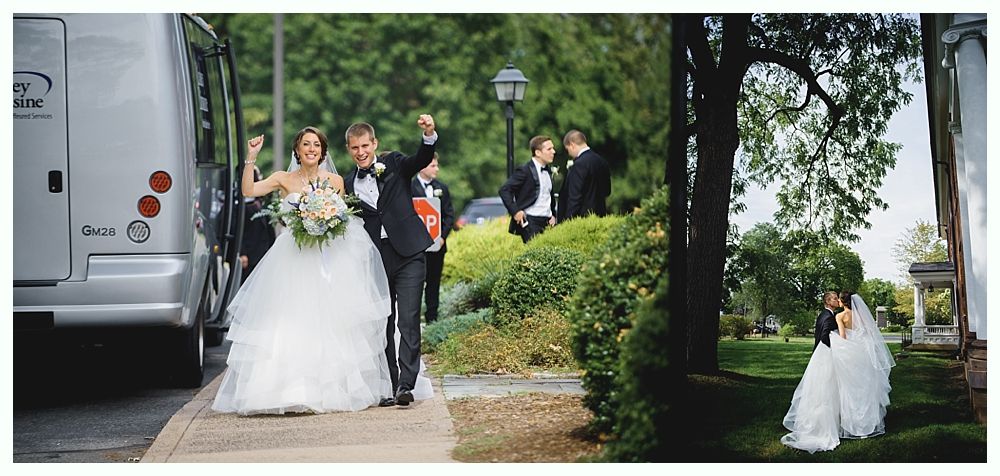 Newlyweds exit a bus, celebrating with raised arms, while others watch. A couple kisses in a garden.