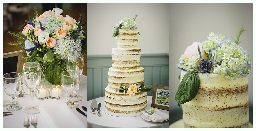 Wedding cake and floral arrangements on tables. Cake is multi-tiered, semi-naked with flowers on top.