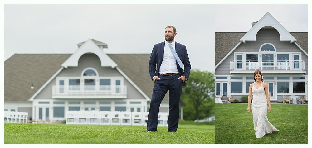 Groom in a suit stands in front of a house, bride in a wedding dress in the yard.