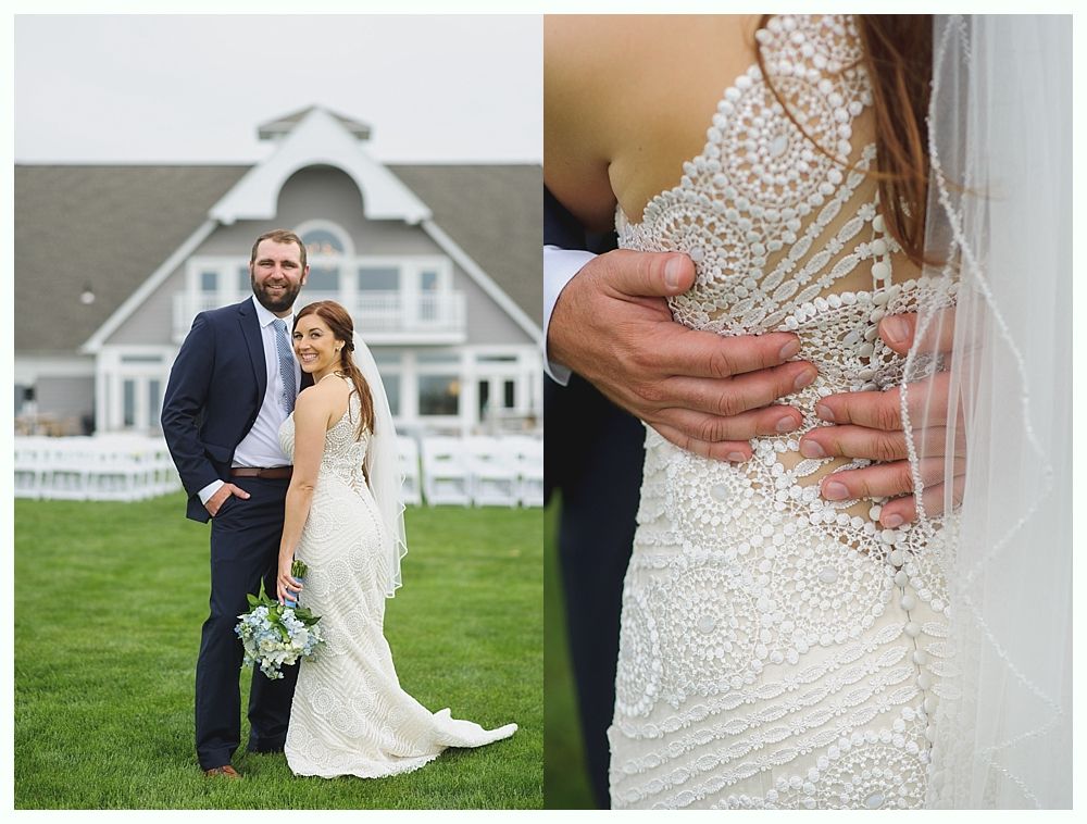 Wedding photos: couple in front of a gray building; close-up of bride's dress and groom's hands on her back.