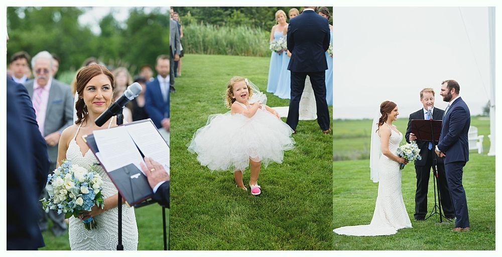 Wedding ceremony: bride at the altar, flower girl in tutu, couple during vows on a grassy lawn.