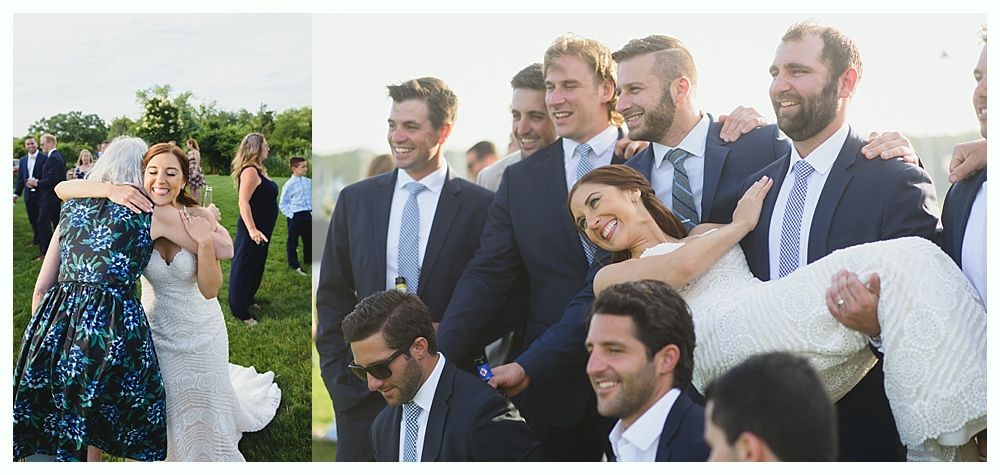 Wedding scenes: bride hugs woman in floral dress; bride lifted by group of men in suits.