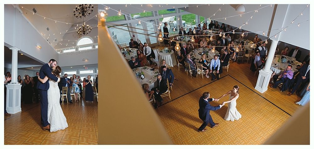 Wedding reception with couples dancing, guests at tables, and overhead lighting.