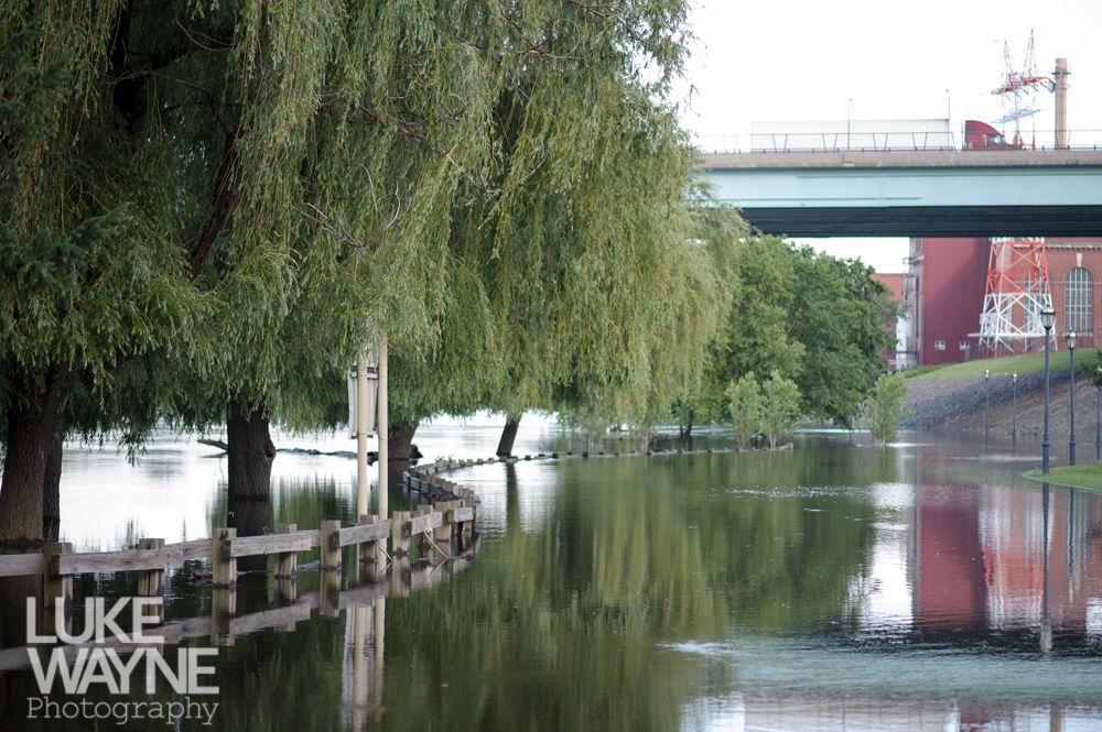 Flooded river scene with weeping willow trees, a bridge, and a brick building reflected in the water.