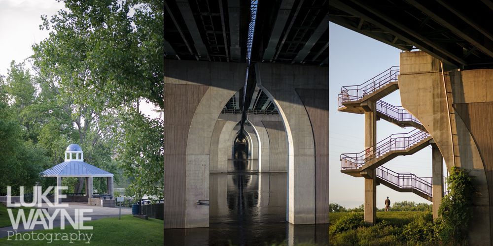 Three-paneled photo. Gazebo in park; arched bridge supports reflecting in water; staircase under bridge with figure standing.