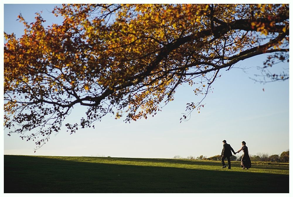 Couple holding hands walking on a grassy hill, under a tree with yellow-orange leaves, against a blue sky.