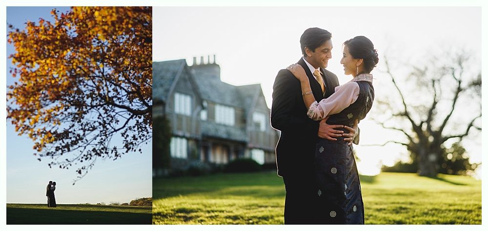 Couple embraces in front of a house, and another in front of a tree, under a setting sun.