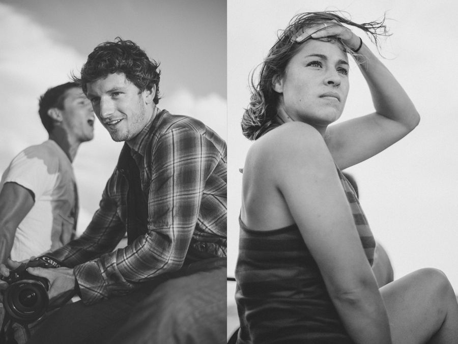 Wedding couple in forest; one embraced, one poses.