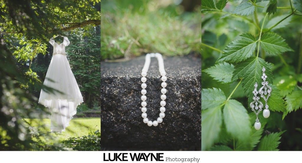 Triptych: Wedding dress hanging in trees; pearl necklace on rough ground; diamond earrings on green leaves.