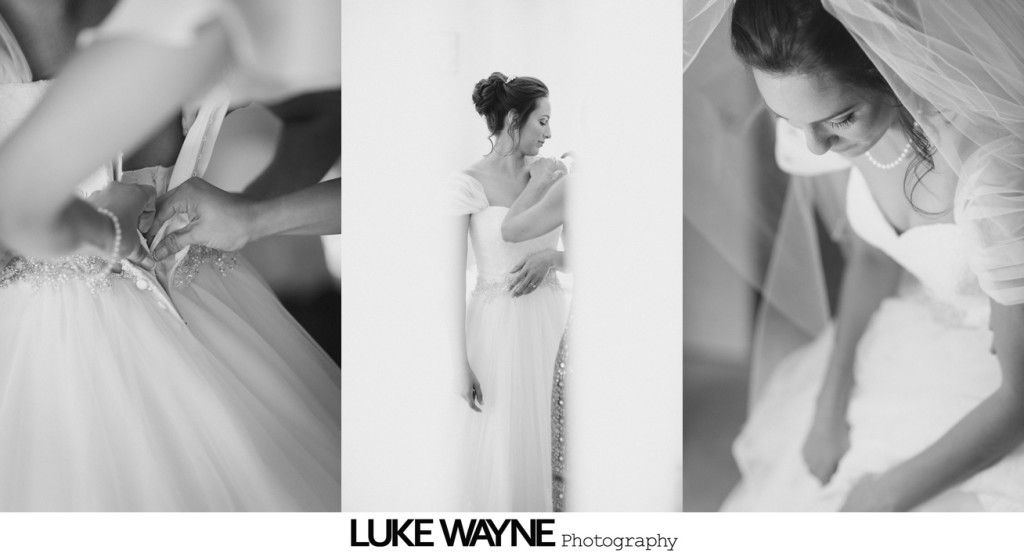 Bride getting ready, in a triptych: dress laced, standing in a doorway, adjusting veil, all in black and white.