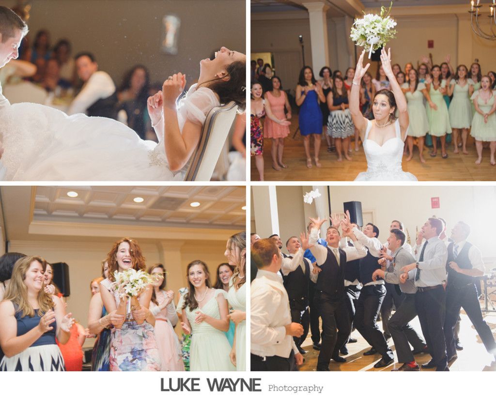 Wedding reception: Bride and guests participating in bouquet toss and celebratory dance.