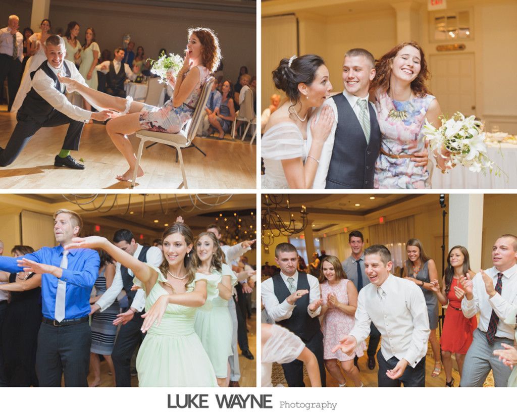 Four wedding reception photos: games, couples dancing, guests smiling.