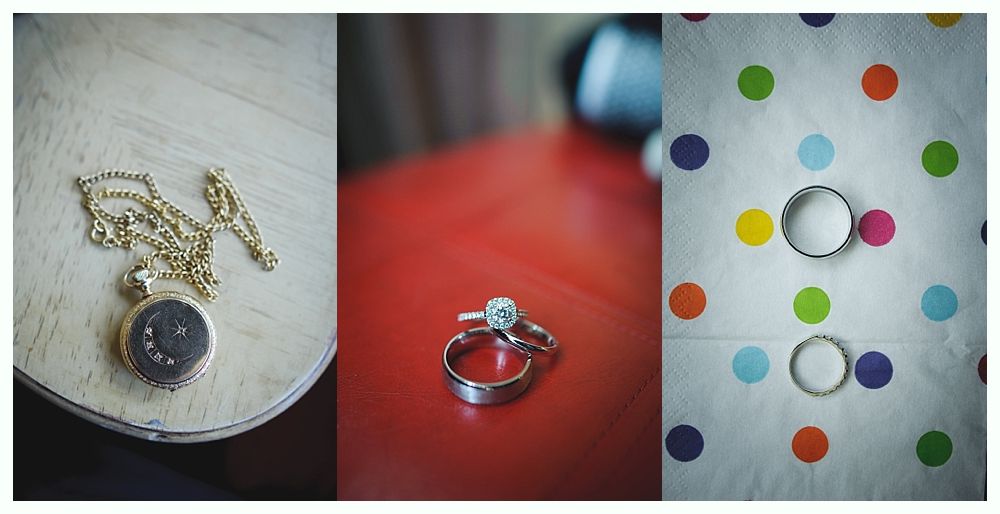 Wedding rings, locket, arranged in a triptych. Rings on red table and polka dots. Locket on wooden surface.