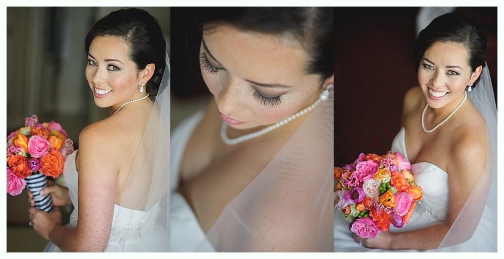 Bride in strapless dress, holding bouquet, wearing veil and pearls. Smiling in three different angles.