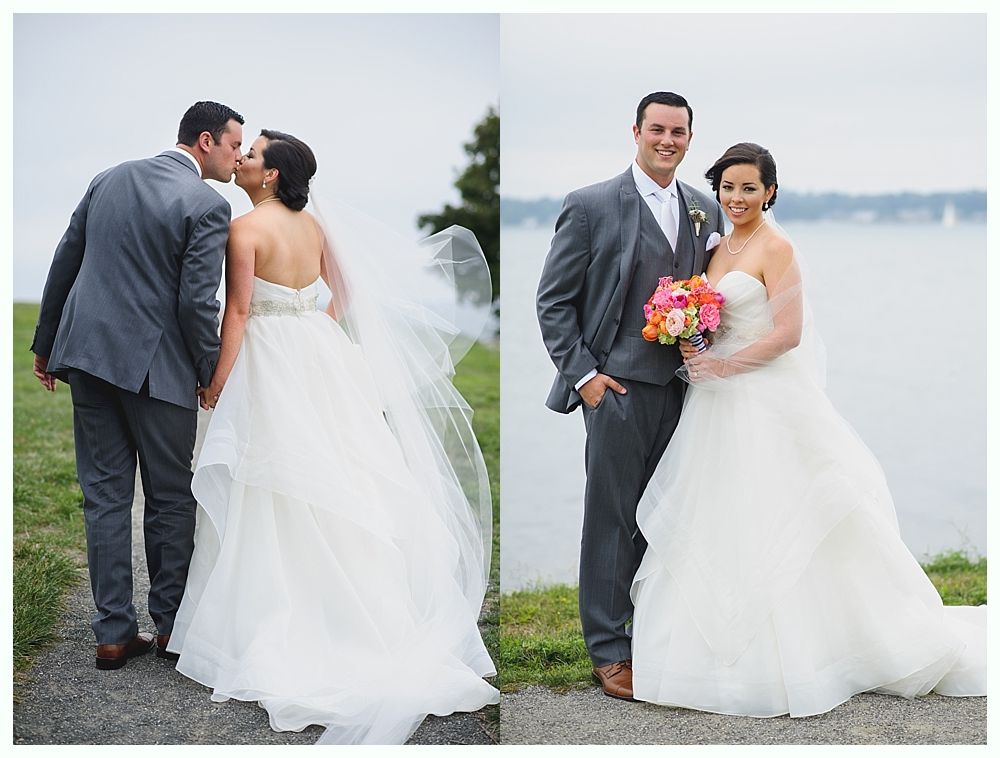 Couple kissing and posing for wedding photos outdoors, bride in strapless gown, groom in grey suit.