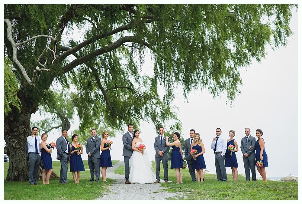 Wedding party under a large weeping willow tree; bride and groom in center, bridesmaids in blue, groomsmen in grey.