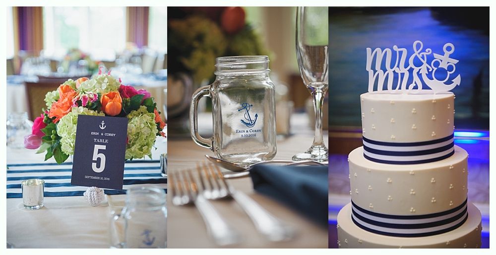 Nautical-themed wedding details: table setting, mason jar, cake with Mr. & Mrs. topper, flowers, navy and white stripes.