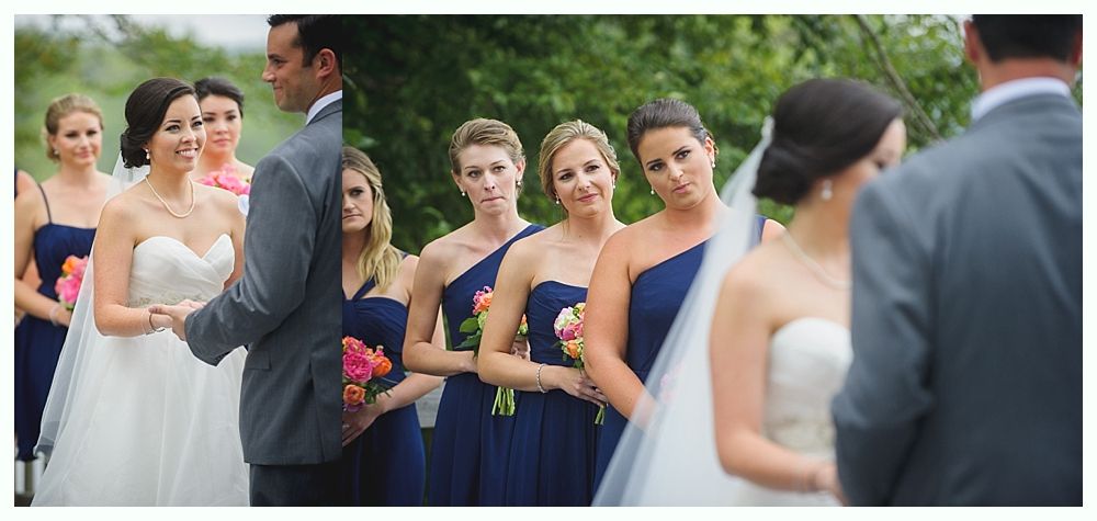 Wedding ceremony with bride, groom, and bridesmaids in navy dresses.
