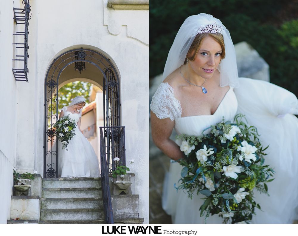 Bride with bridesmaids in teal dresses, posing outdoors. Some bridesmaids have playful expressions.