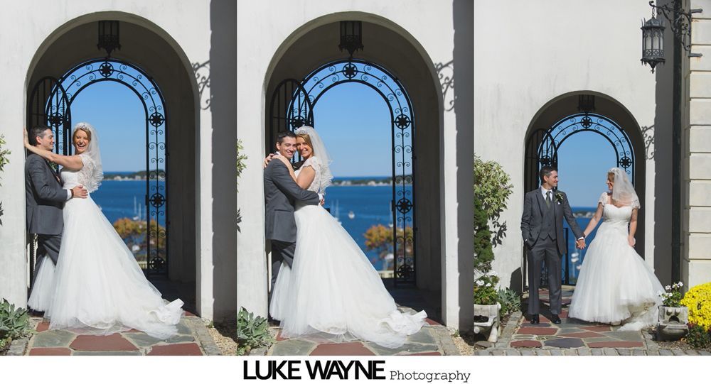 Bride showing ring, bridesmaids with champagne, bouquets; outdoor garden setting.