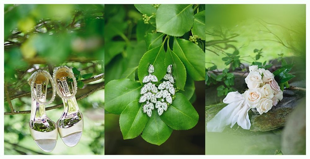 Wedding shoes, earrings, and bouquet on foliage, green tones.