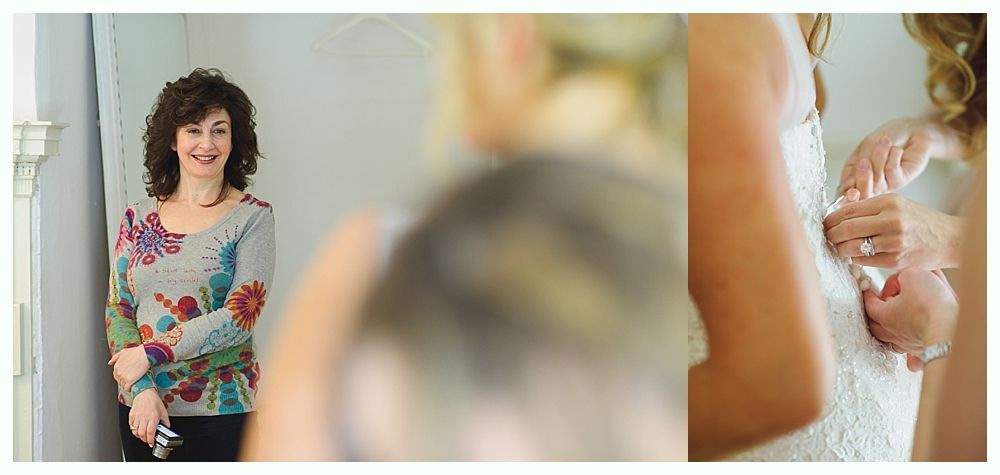 Wedding day preparation: bride getting dress buttoned, smiling in a dress, and putting on earrings.