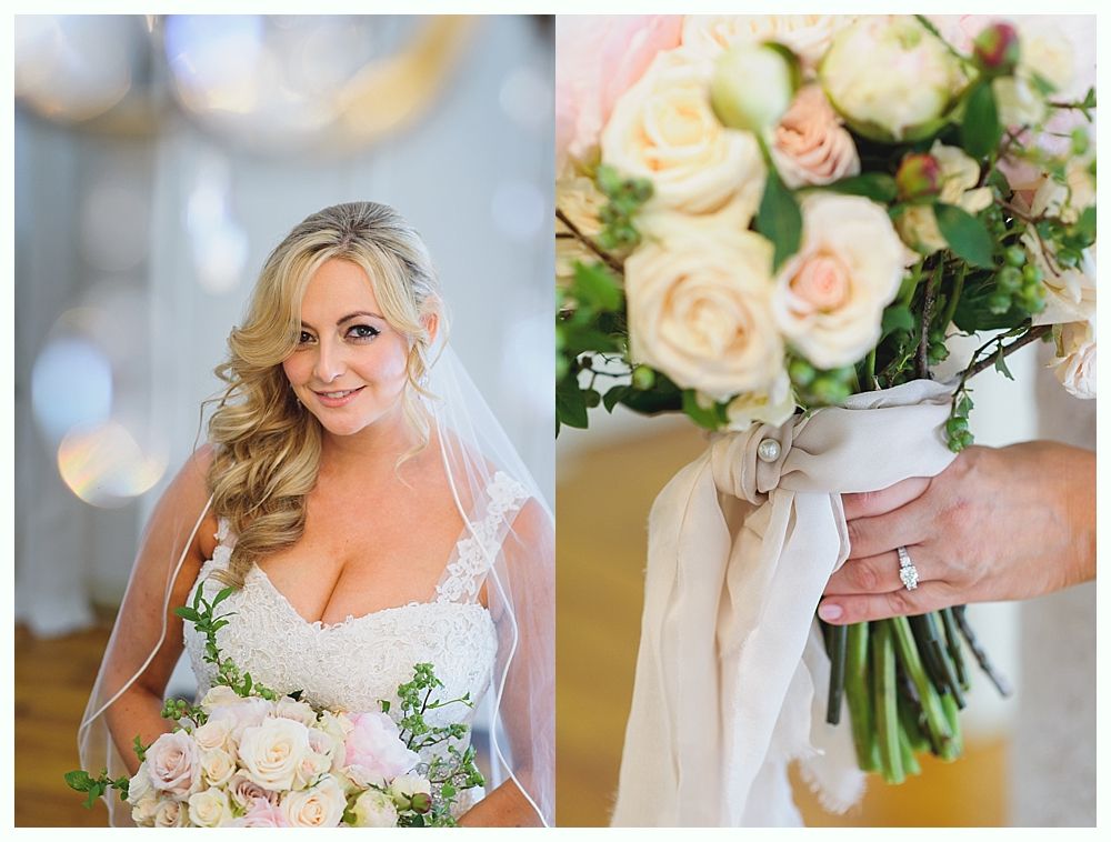 Bride in lace dress holding bouquet, right image shows close-up of bouquet tied with ribbon.