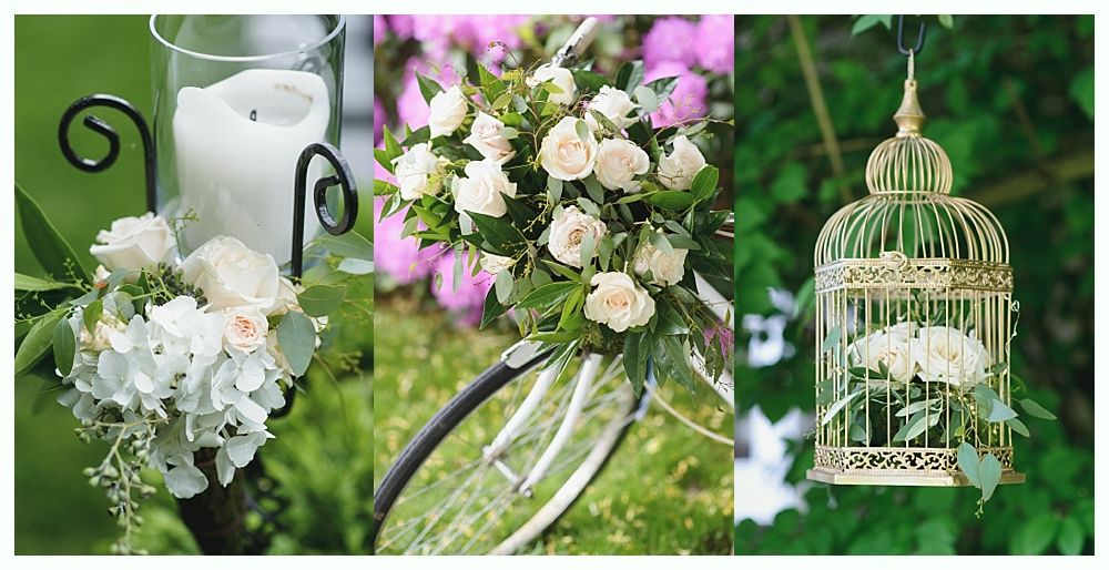Three wedding-themed displays: candle and flowers, flowers on a bicycle, and flowers in a birdcage; all use white flowers.