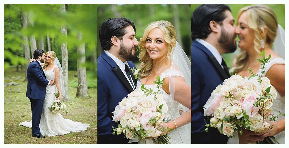 Bride and groom in a forest setting. The couple is smiling. The bride holds a bouquet. They appear happy.