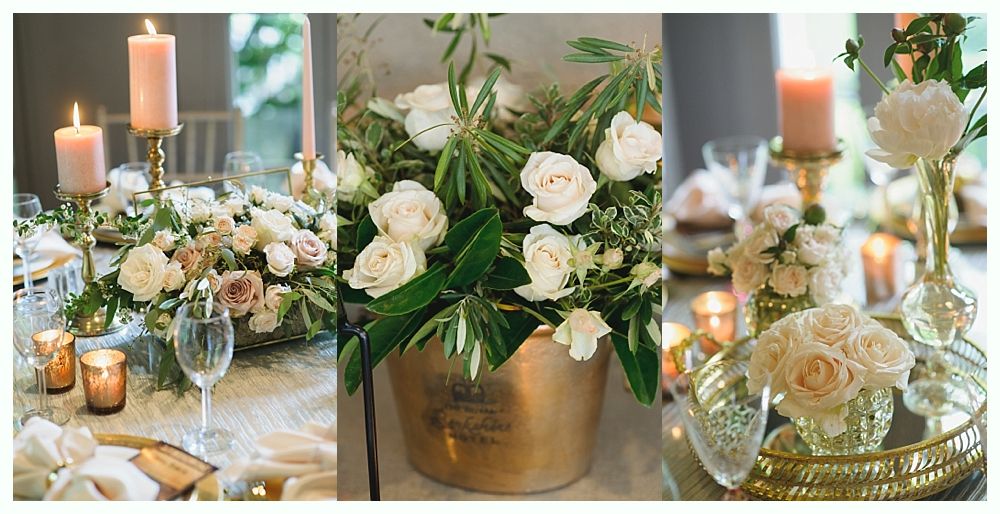 Elegant floral centerpieces with candles on tables, featuring white and blush flowers and gold accents.