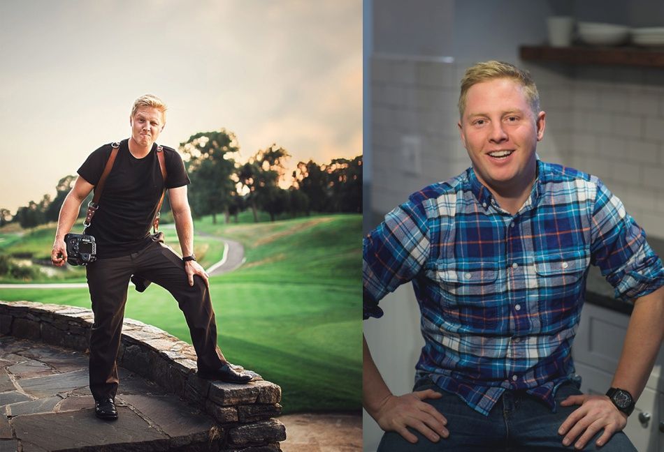 Two photos of a man. Left: outdoors on stone ledge, camera, dark clothes. Right: indoor, plaid shirt, smiling.