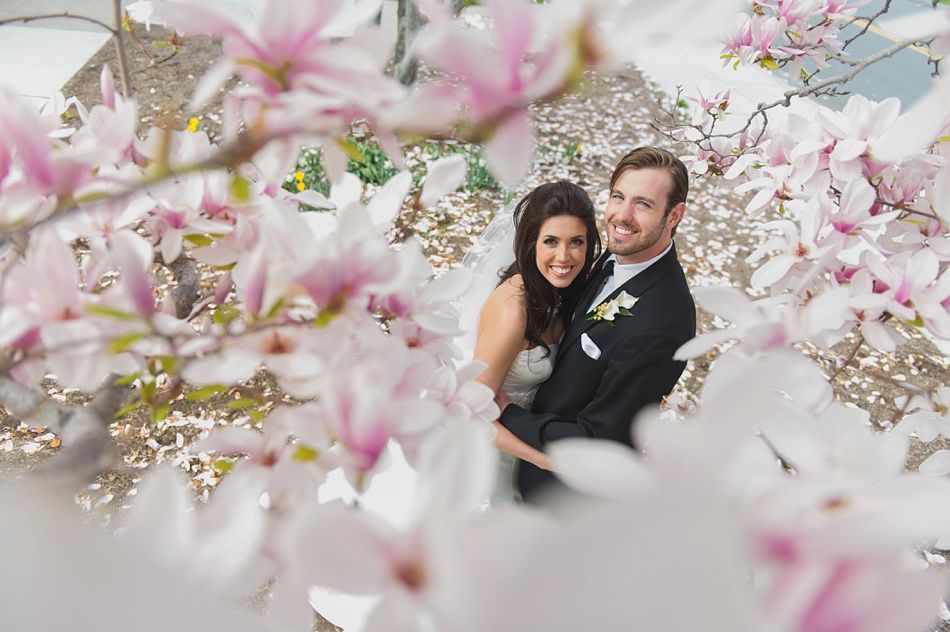 Couple embracing, surrounded by pink magnolia blossoms; smiles, outdoor setting.