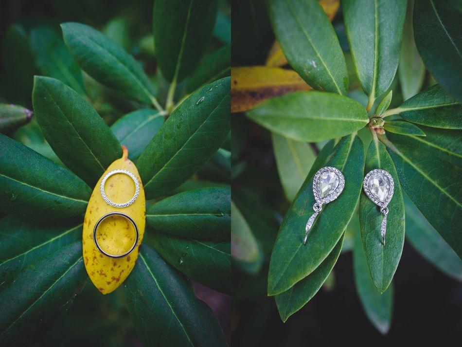 Wedding rings on a yellow leaf, and ornate earrings on green leaves, close-up.
