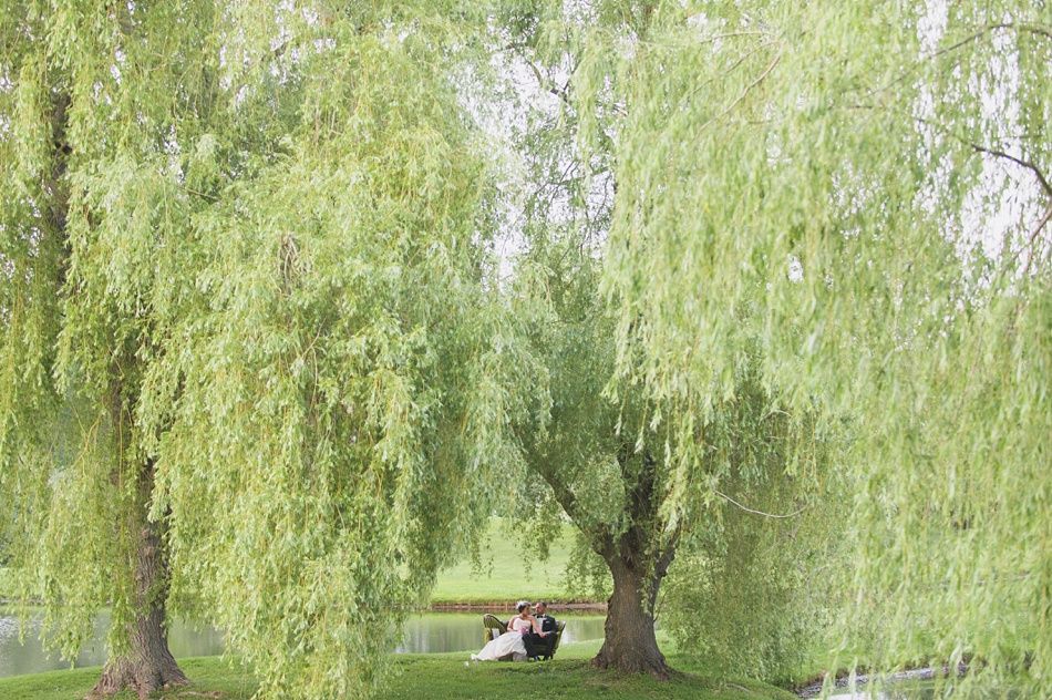 Couple sitting under a willow tree, near a body of water, posing for a wedding photo.
