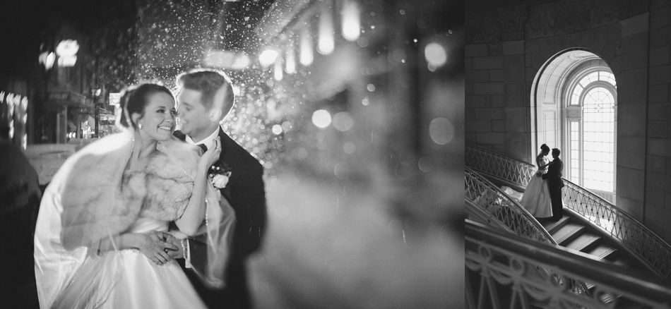 Bride and groom embracing in the snow, beside a building. Another shot of them on a staircase indoors.