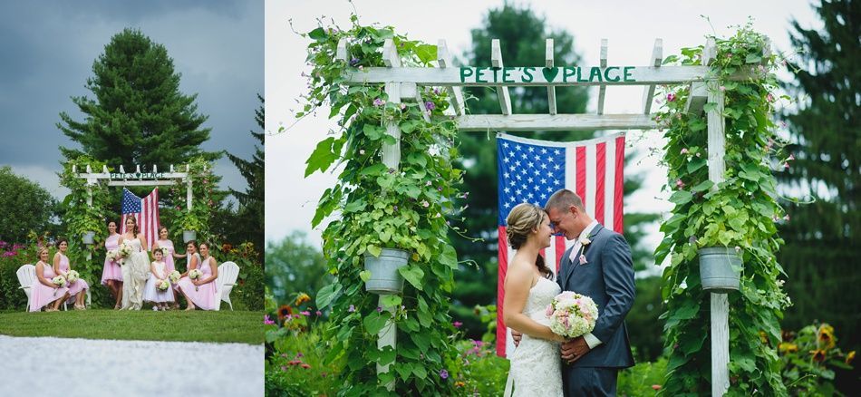Wedding ceremony with couple under an arbor; an American flag hangs behind them.
