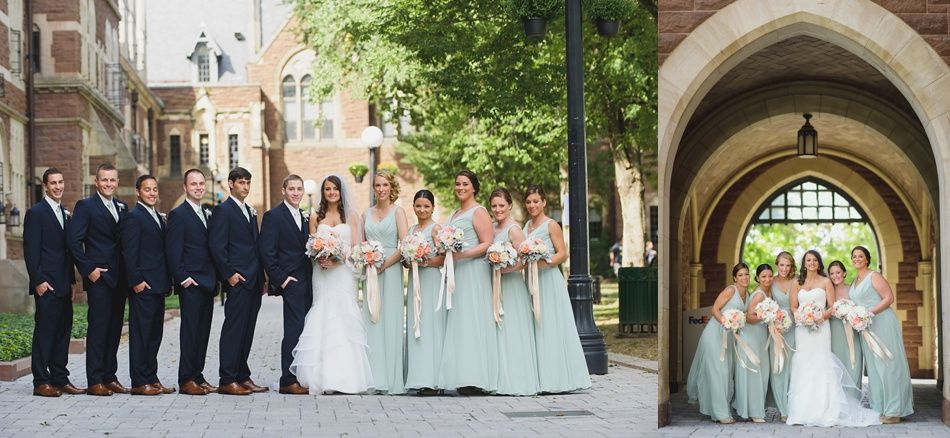 Wedding party poses outdoors and under arched doorway.