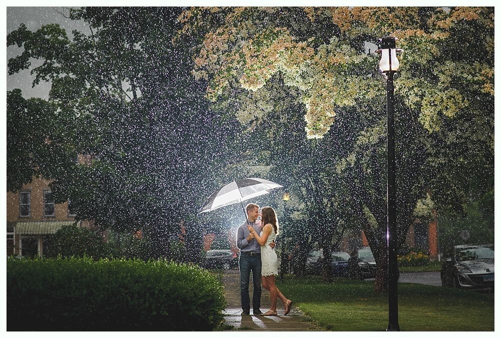 Couple under an umbrella in the rain, illuminated by a streetlight and surrounded by trees.