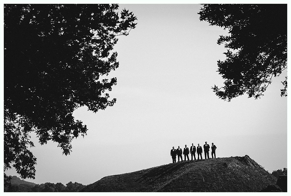 Seven figures in dark suits stand on a hill, framed by trees against a bright sky.