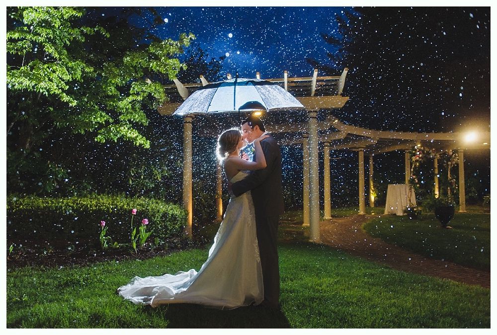 Couple kissing under an umbrella, illuminated by lights, in the rain during a wedding ceremony.