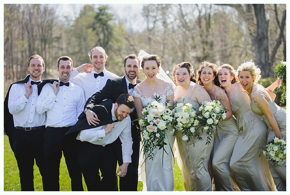 Wedding party: bride, groom, and bridesmaids/groomsmen posing on grass. Joyful expressions. Formal wear. Sunny outdoor setting.