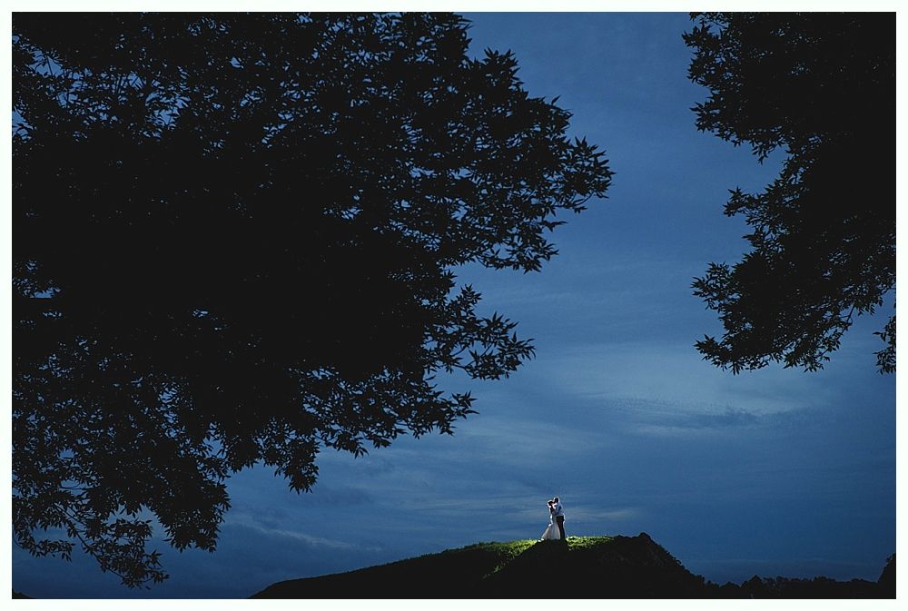 Silhouetted trees frame a nighttime view of a person standing on a lit hilltop under a blue sky.