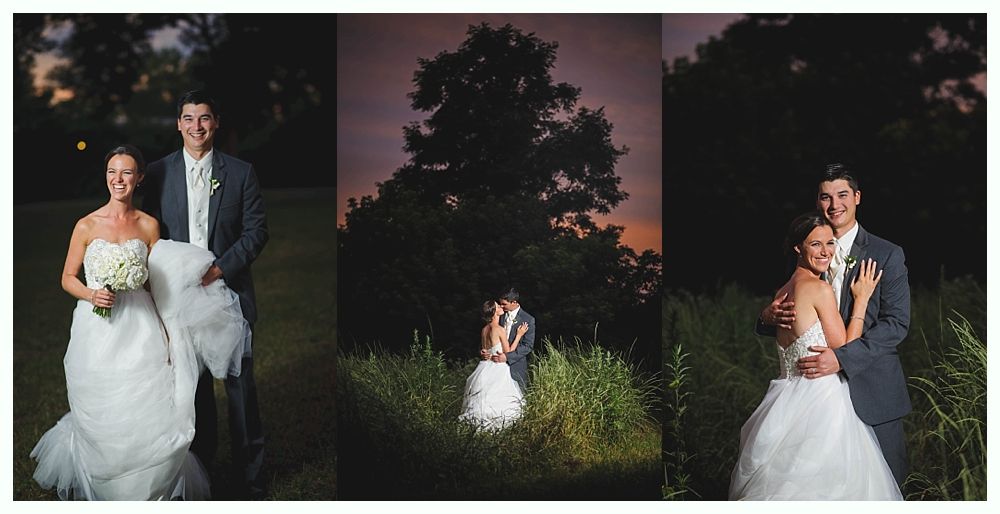Wedding photos: Bride and groom pose in various outdoor settings at dusk.