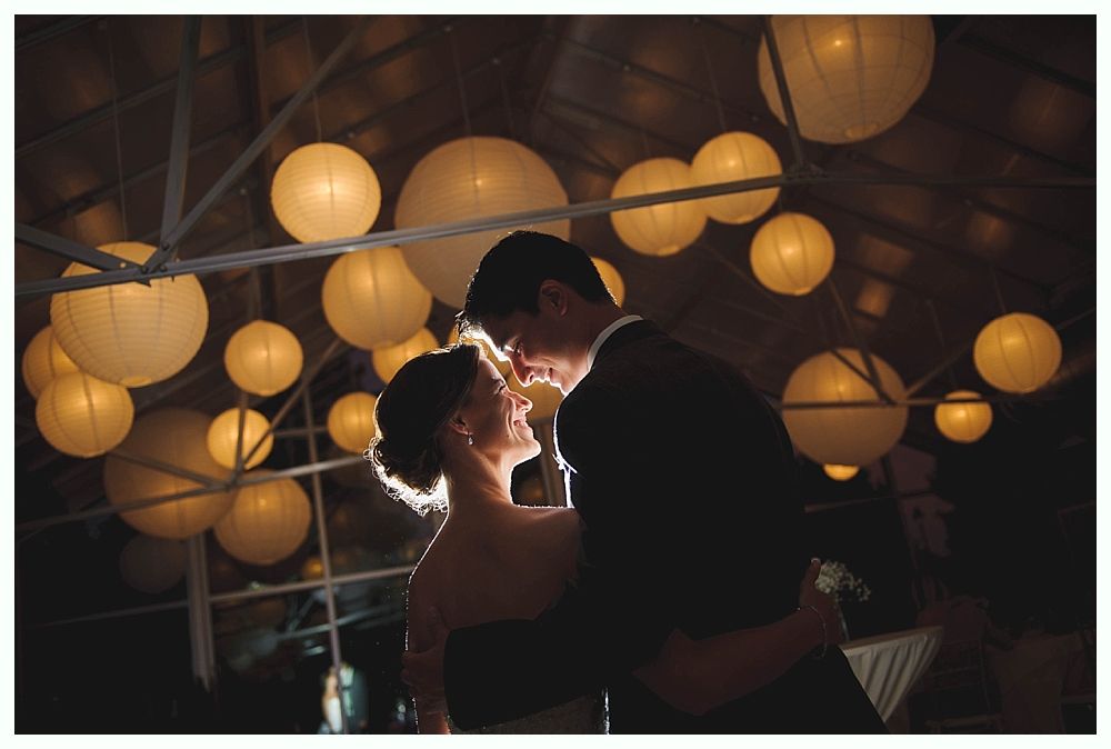 Couple dancing under glowing paper lanterns.