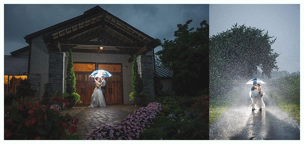 A couple under umbrellas in the rain, one near a building and the other on a road.