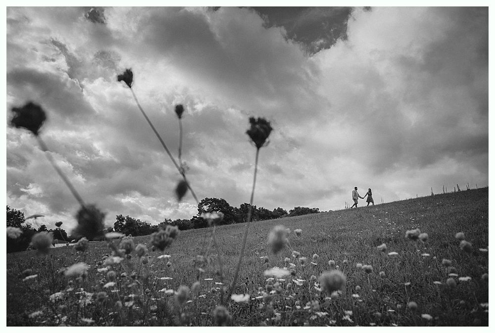 Black and white photo of a field with wildflowers and two people walking on a hill under a cloudy sky.
