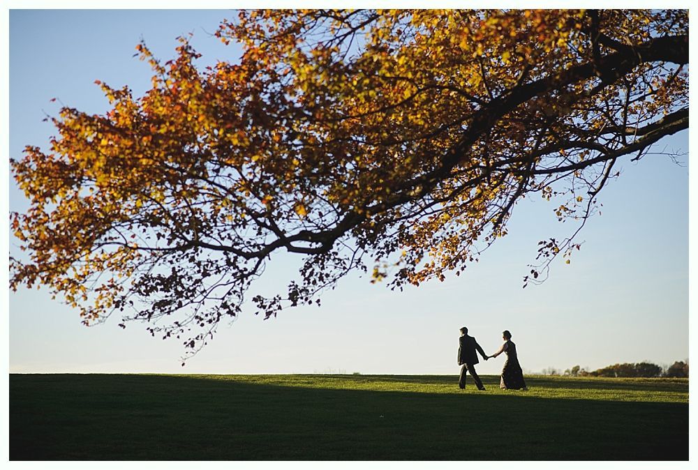 Couple walking hand-in-hand across a grassy field under a tree with golden autumn leaves.